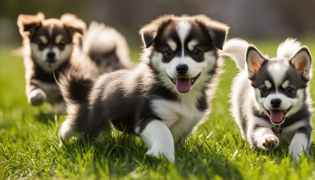 Alaskan Klee Kai puppy playing with other dogs